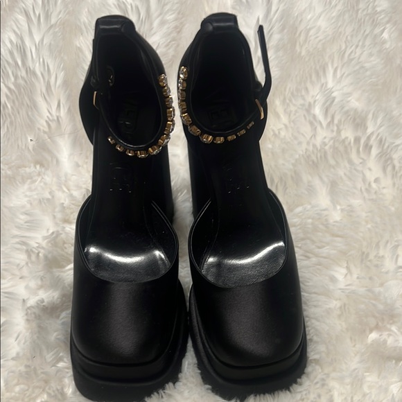 Versace Elegant Black Heels with Gold Accents